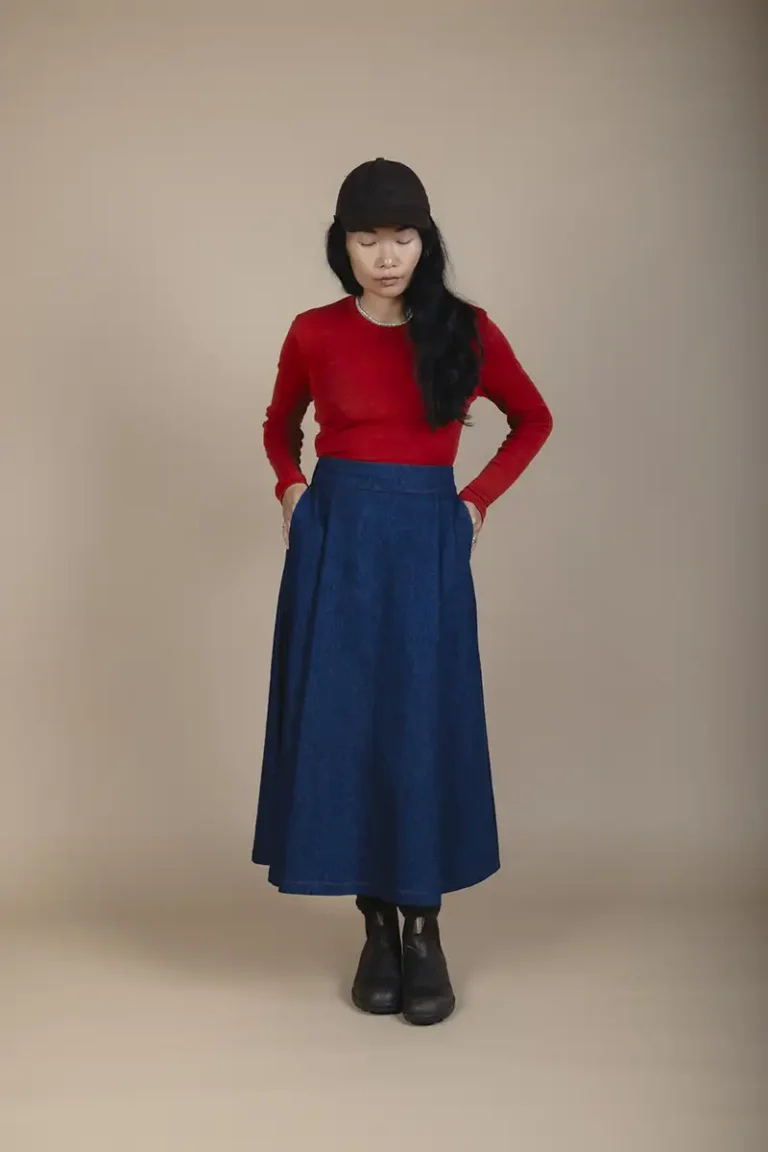 front view of woman wearing hemp denim skirt