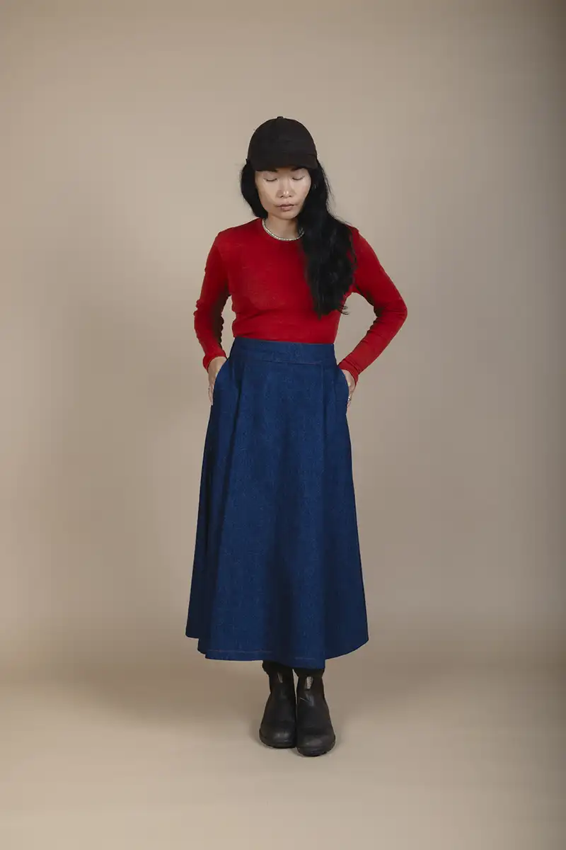 front view of woman wearing hemp denim skirt