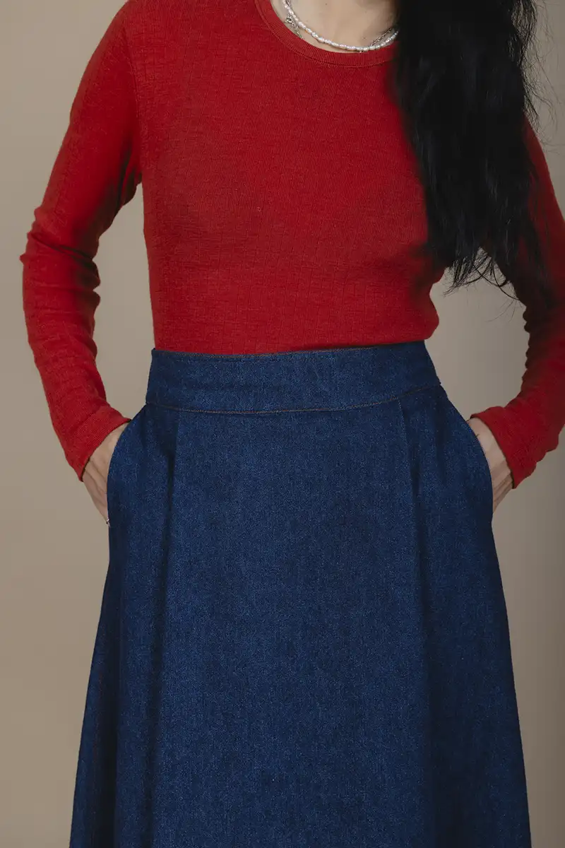 woman wearing hemp denim skirt