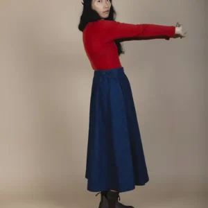 side view of woman wearing hemp denim skirt