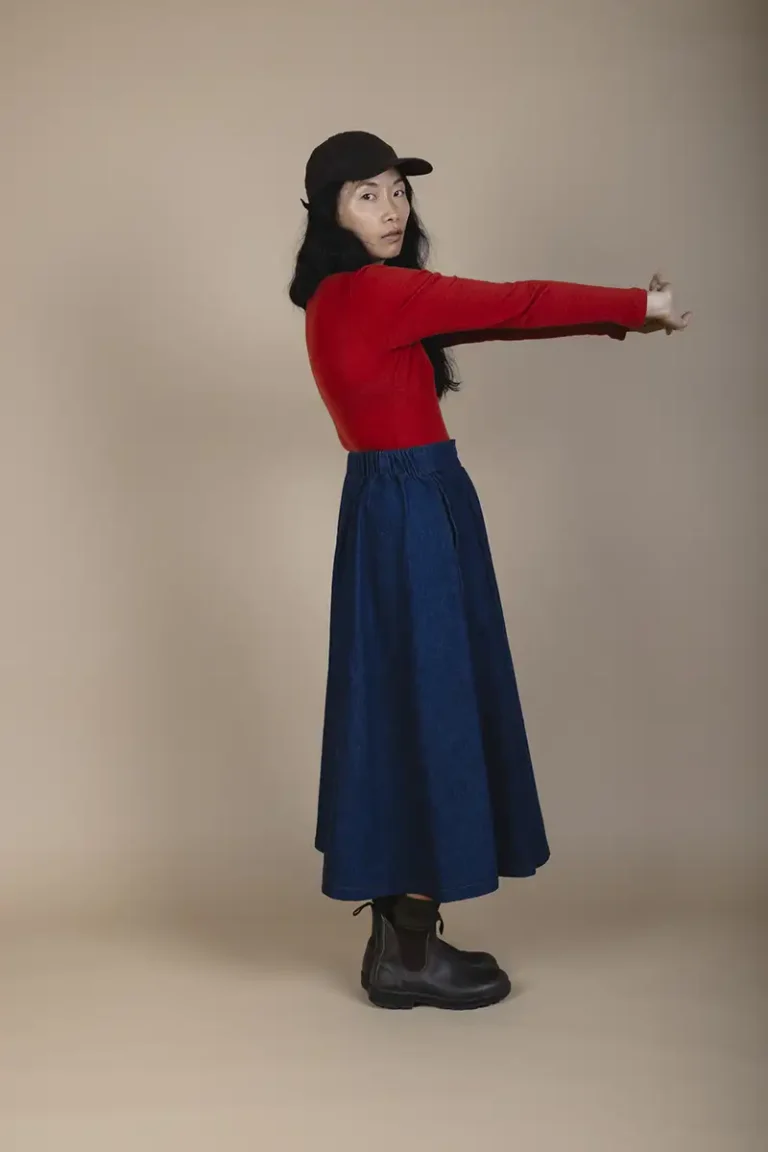 side view of woman wearing hemp denim skirt