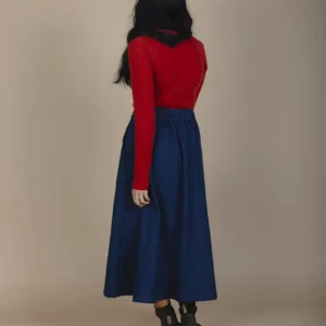 back view of woman wearing hemp denim skirt