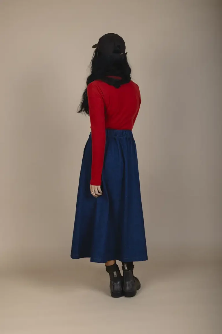 back view of woman wearing hemp denim skirt