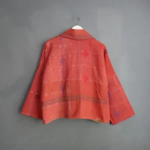 back view of pink kantha quilted jacket
