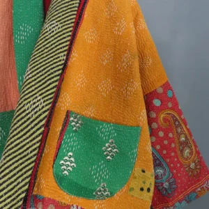 zoom in of multi coloured kantha fabric jacket