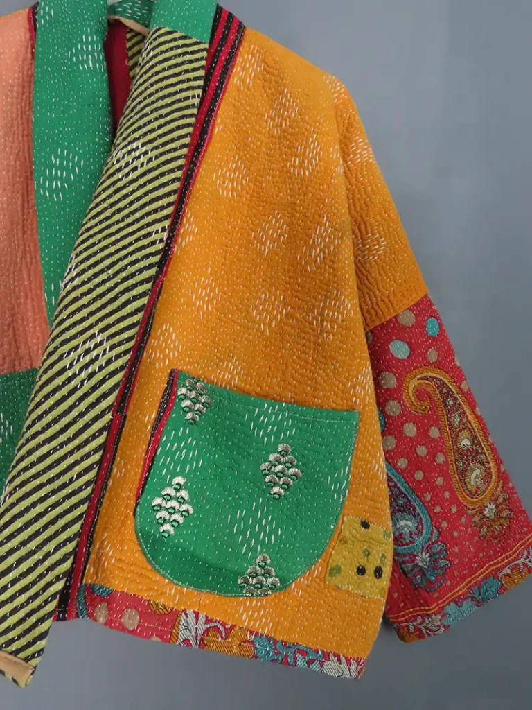 zoom in of multi coloured kantha fabric jacket