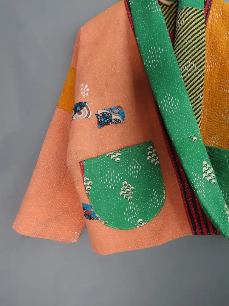 zoom in of multi coloured kantha fabric jacket