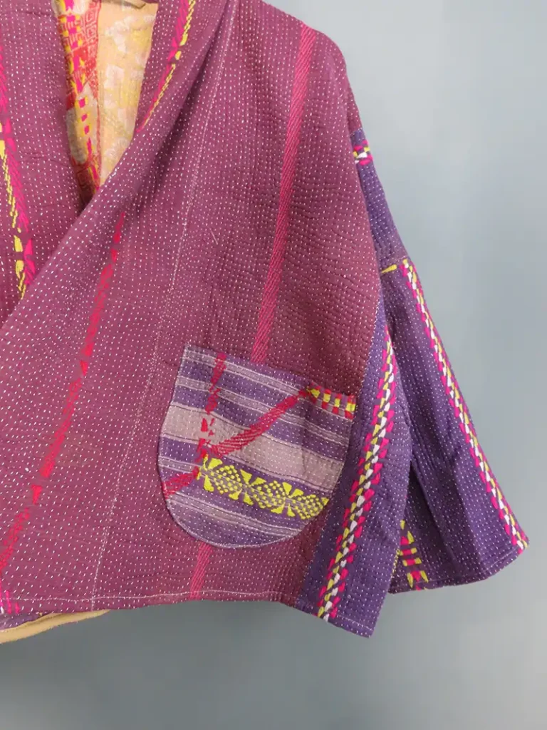 zoom in Purple rainbow kantha quilted jacket