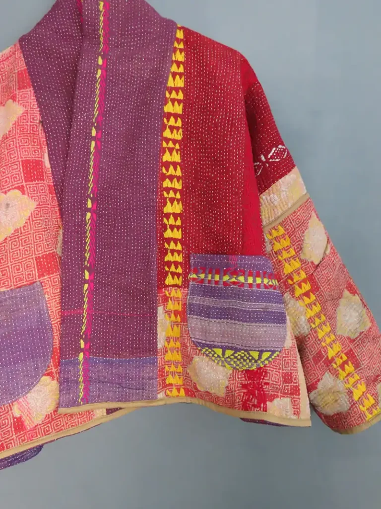 reversible rainbow patterned kantha jacket
