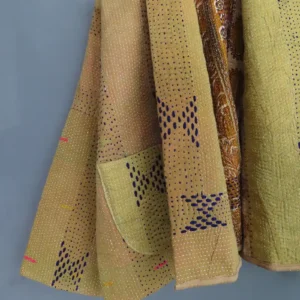 faded mustard shade vintage kantha stitched jacket