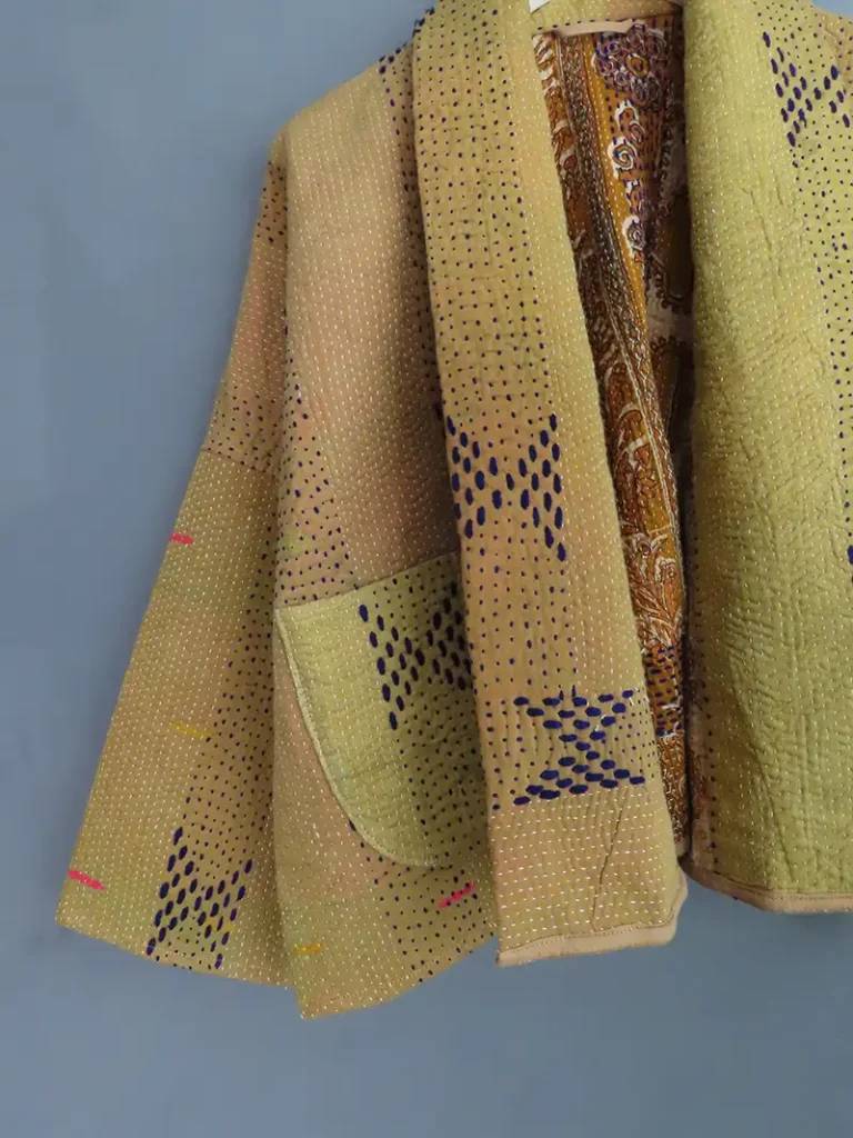 faded mustard shade vintage kantha stitched jacket