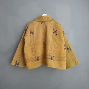 faded mustard shade vintage kantha stitched jacket
