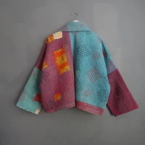 back view of skyblue kantha jacket