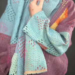 zoom in of patchwork kantha stitched jacket