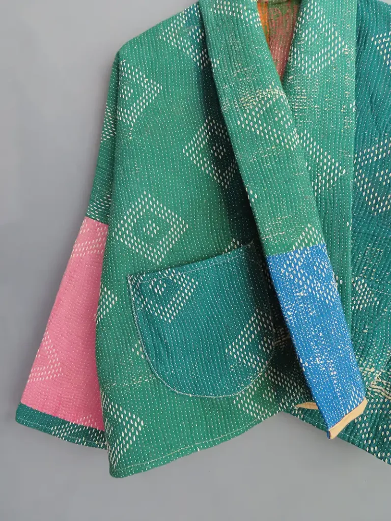 zoom in of green kantha jacket