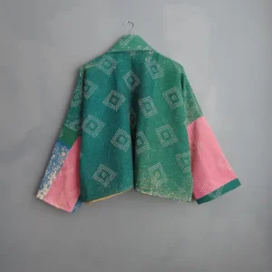back view of green kantha jacket