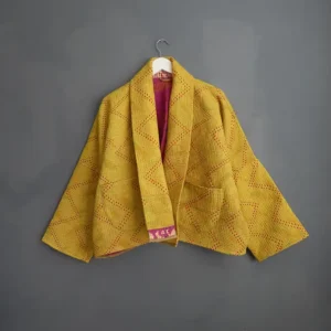 yellow short kantha quilted jacket