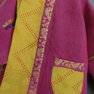 reversible yellow and pink kantha jacket