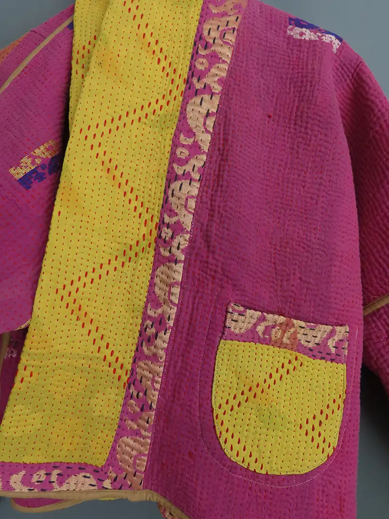 reversible yellow and pink kantha jacket