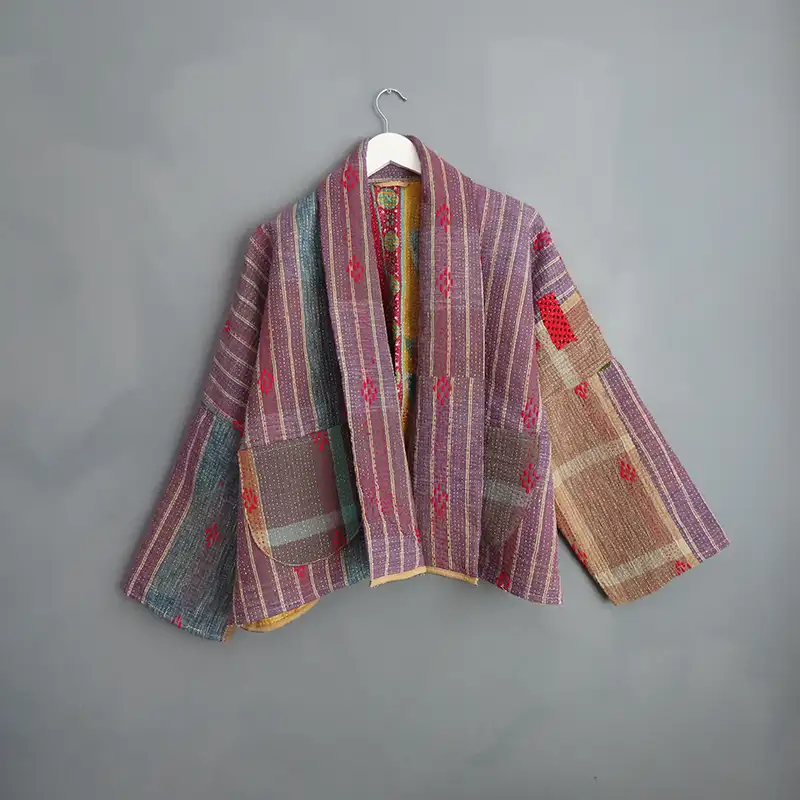 short striped kantha quilted jacket
