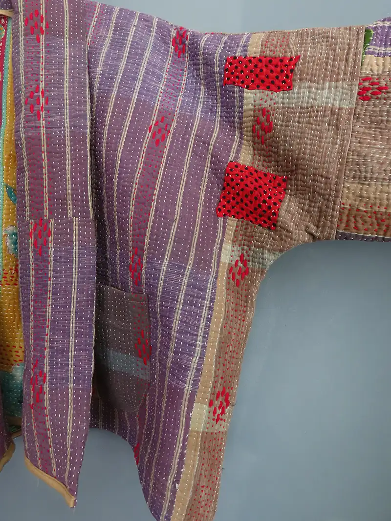zoom in deatails of purple kantha quilted jacket