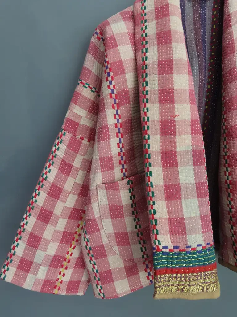 zoom in picnic check vintage kantha jacket