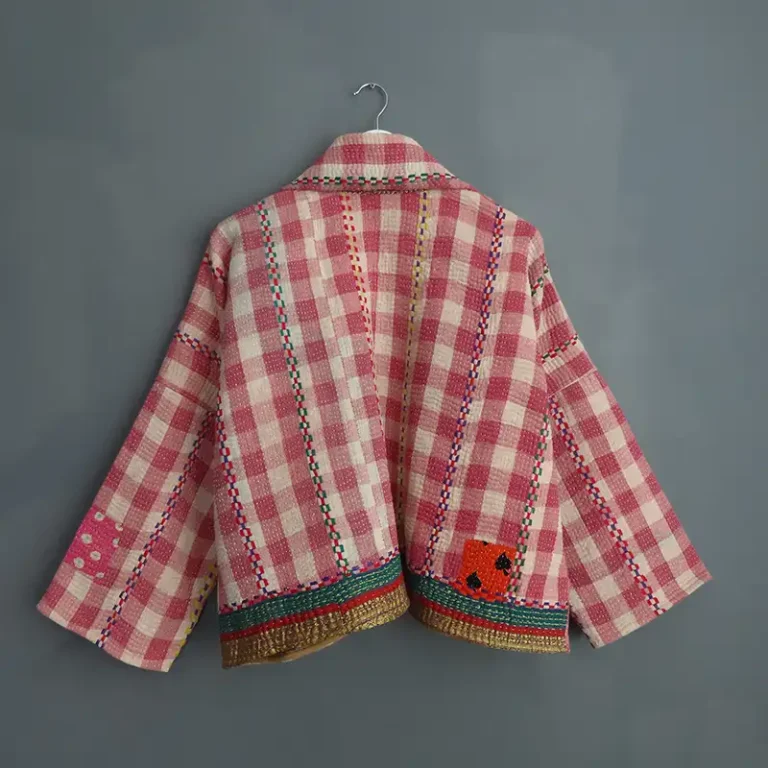 rear view of picnic check vintage kantha jacket
