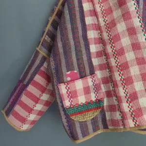 zoom of reversible picnic check vintage kantha jacket