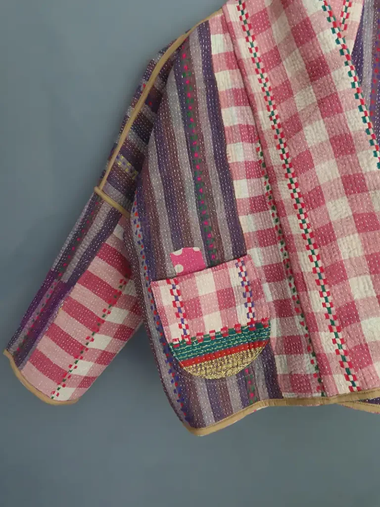 zoom of reversible picnic check vintage kantha jacket